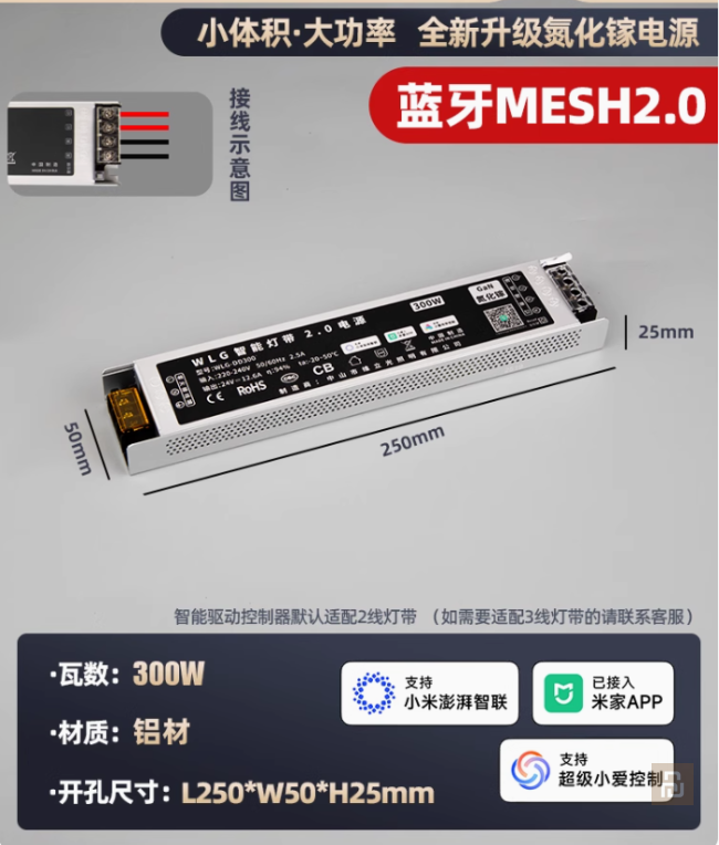 Блок питания лент-контроллер WLG Mijia 2.0 CCT (WLG-DD200), 24В/8.4А/200Вт, Mesh 2.0, GaN, CCT, COB 608