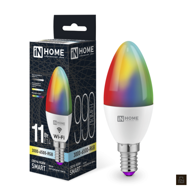 Лампа IN-HOME LED-Свеча-RGBW-Smart, 11Вт/990Лм, Е14, 3000-6500К