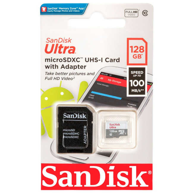 Карта памяти MicroSD SanDisk Ultra SDXC, 128Гб, UHS-I