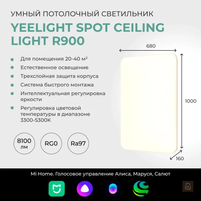 Светильник потолочный Yeelight Spot Ceiling Light R900 (YLXDD-0105), 550x550х160мм, 128Вт/8100Лм, 3300-5300K