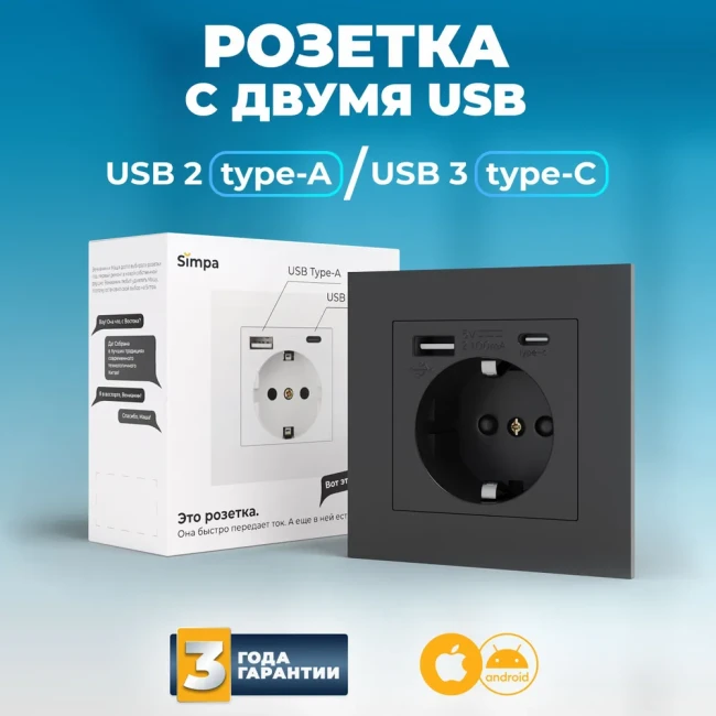 Розетка с USB-A/USB-C, заземление, защита от кз, шторки, RU