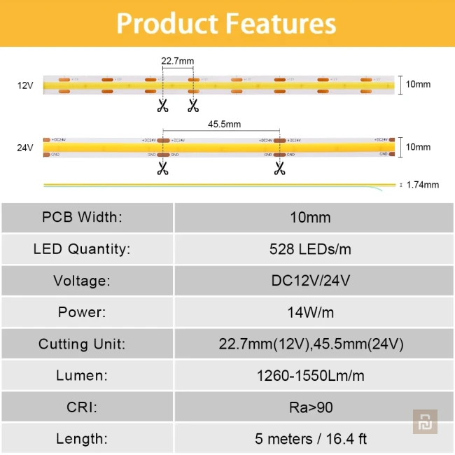 Лента диодная COXO A5000-528-40K-V24-R90-NWP-W14-B10-A2, 24В, 14Вт/1550Лм/м, RA90, IP20