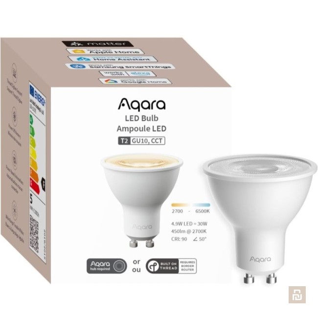 Лампа LED GU10 Aqara Smart LED Light Bulb T2 (LB-L03), Thread/Zigbee, 450Лм, 2000–9000К